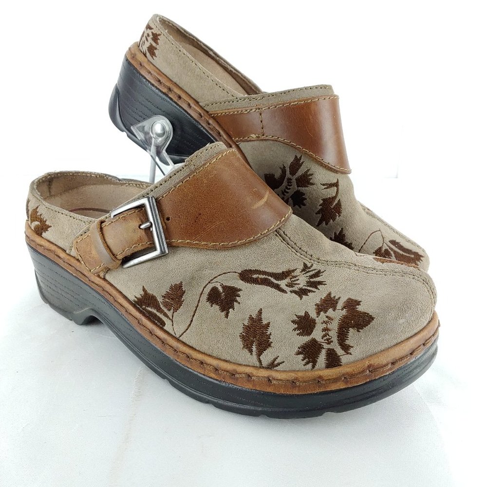 Women's Klogs Sz 7.5 Slip On Brown Leather Floral